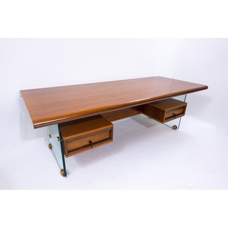 Bureau vintage en verre, bois, cuir et bronze par Tosi, Italie 1968