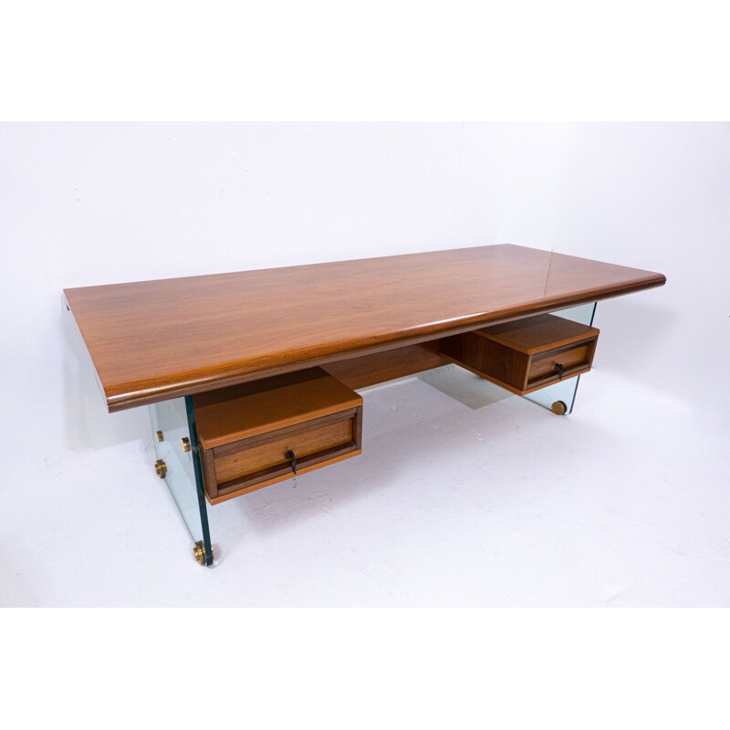 Mid-century desk in glass, wood, leather and bronze by Tosi, Italy 1968
