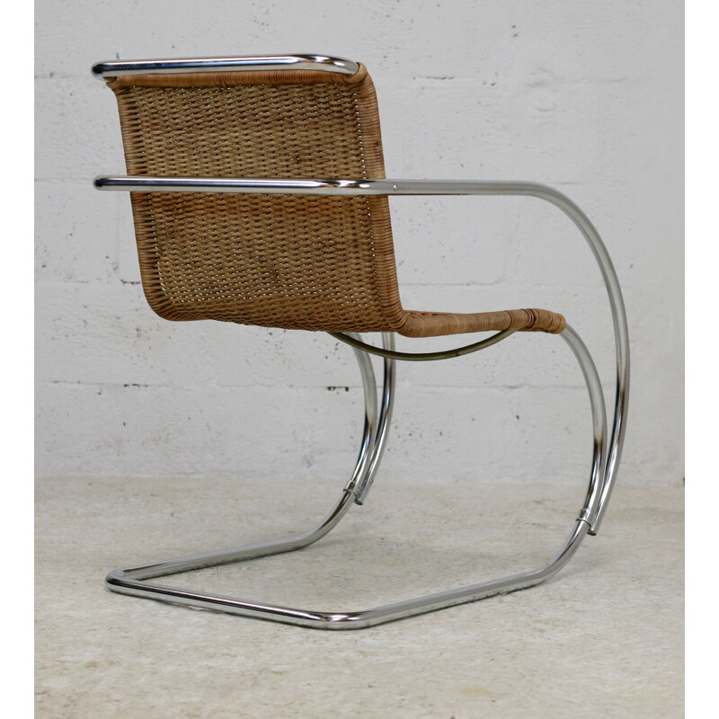 Vintage Mr20 armchair in tubular chrome steel and rattan by Mies Van der Rohe, 1960