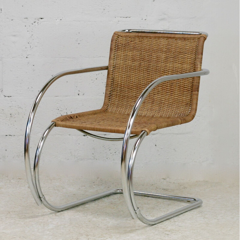 Vintage Mr20 armchair in tubular chrome steel and rattan by Mies Van der Rohe, 1960