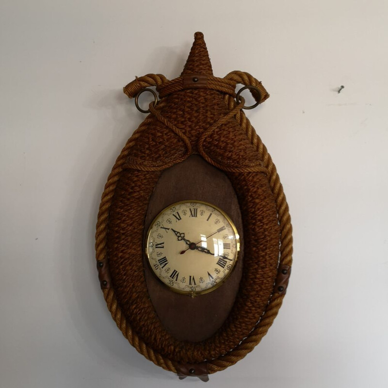 Vintage rope and leather clock by Audoux Minet, 1950-1960