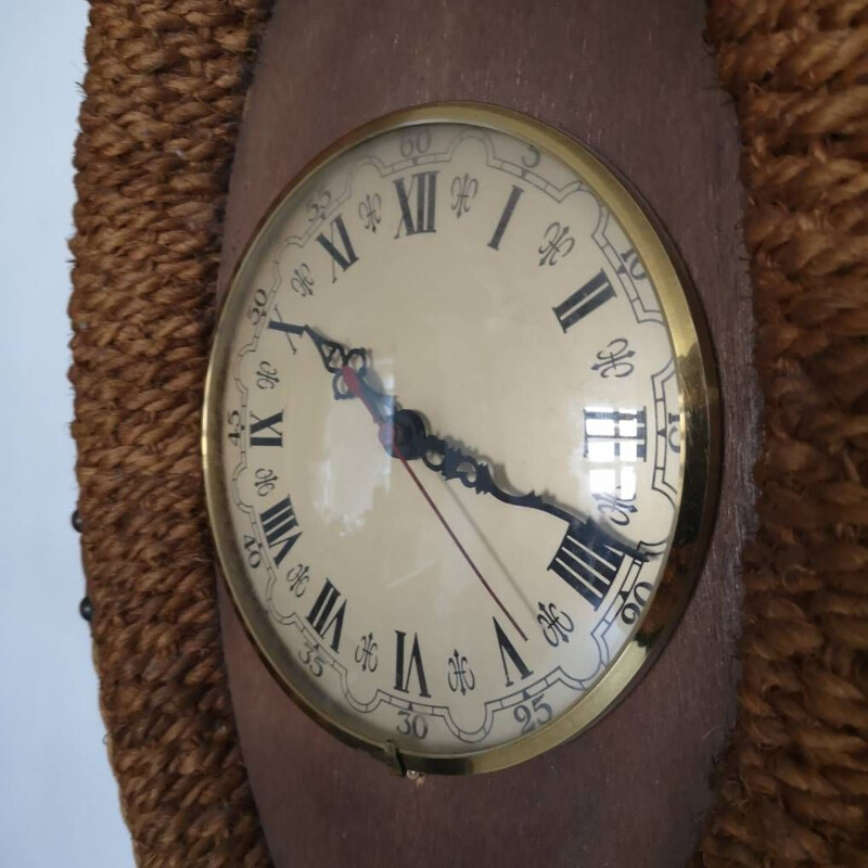 Vintage rope and leather clock by Audoux Minet, 1950-1960