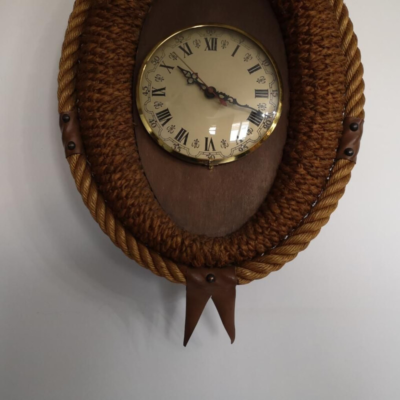 Vintage rope and leather clock by Audoux Minet, 1950-1960