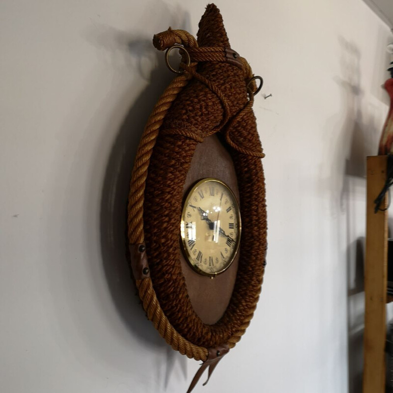 Horloge pendule vintage en corde et cuir par Audoux Minet, 1950-1960