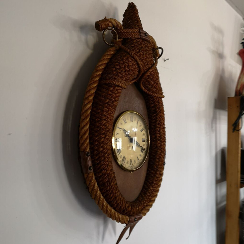 Vintage rope and leather clock by Audoux Minet, 1950-1960