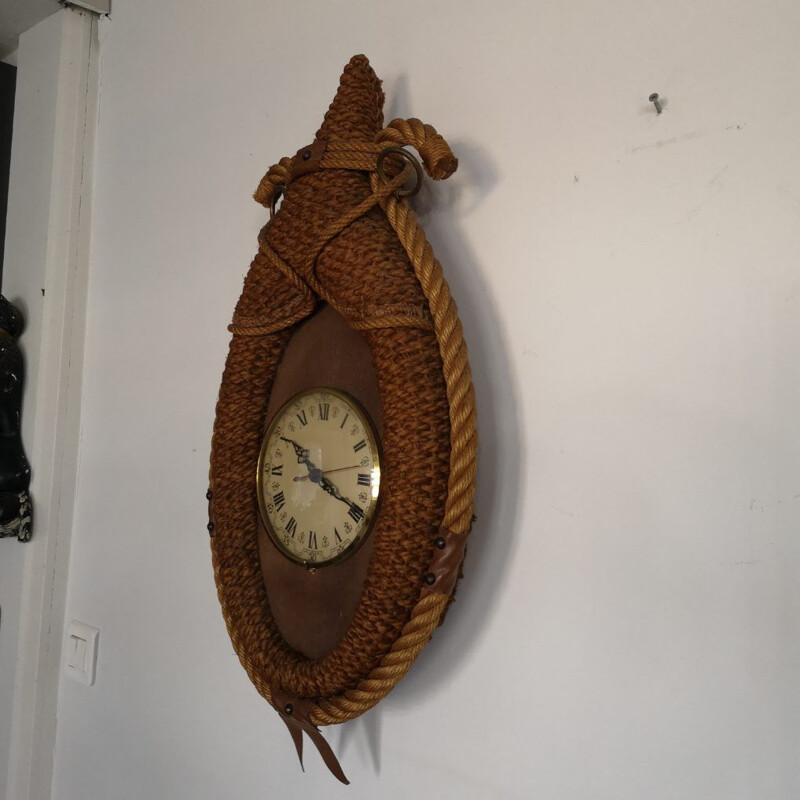 Vintage rope and leather clock by Audoux Minet, 1950-1960