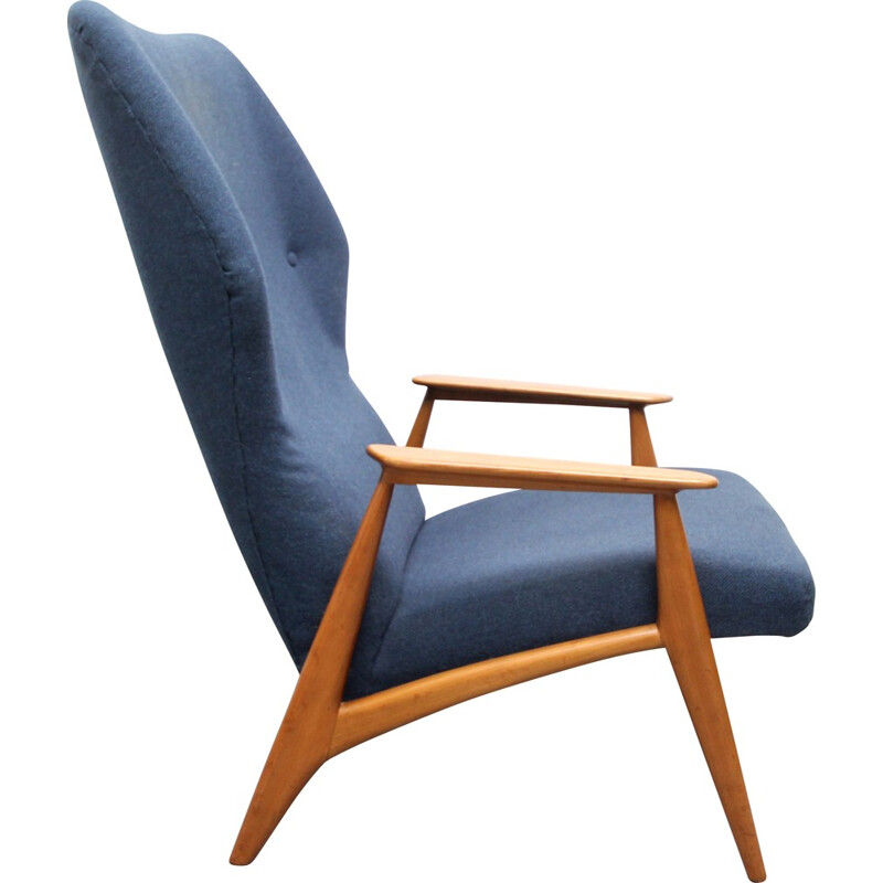 Danish armchair in cherry wood and dark blue fabric - 1960s