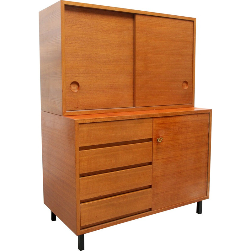 High cabinet in teak with drawers and sliding doors - 1960s