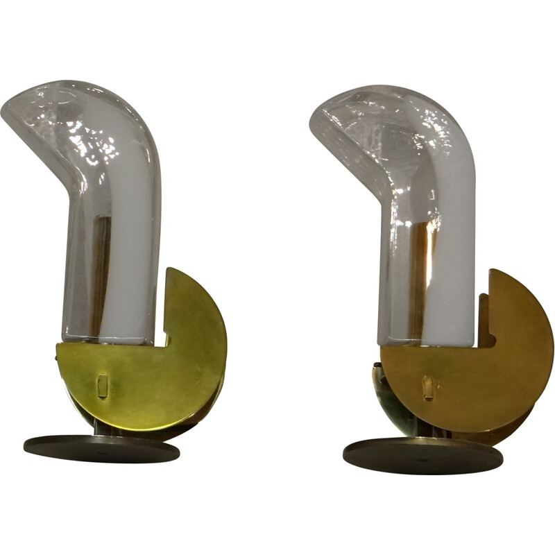 Pair of glass and brass table lamps - 1970s