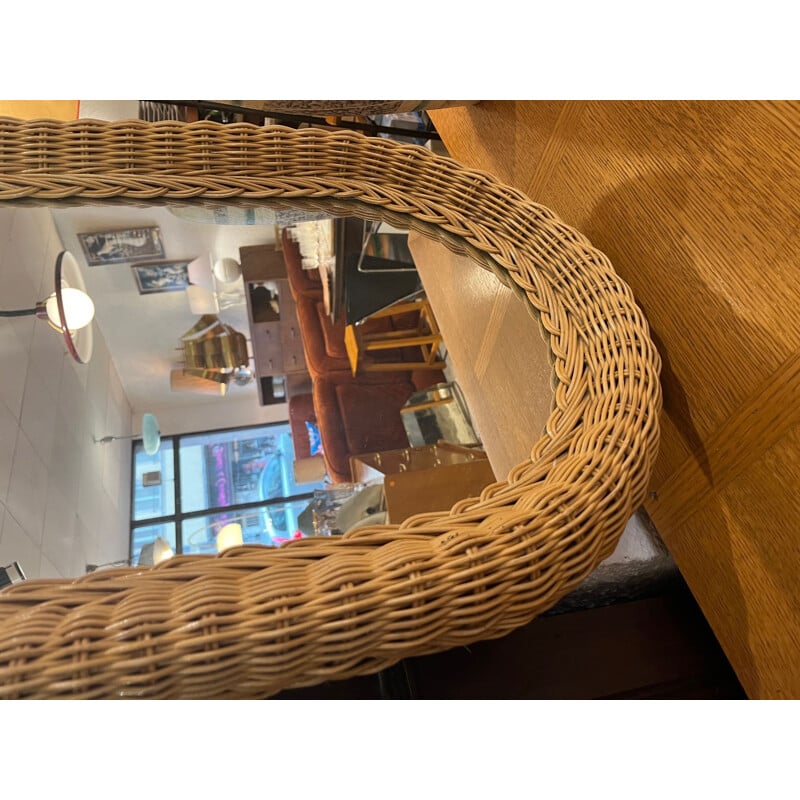 Vintage oval woven wicker mirror, 1970