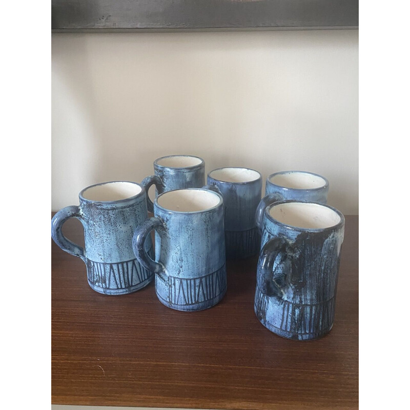 Set of 6 vintage mugs by Jacques Pouchain for Atelier Dieulefit, 1950