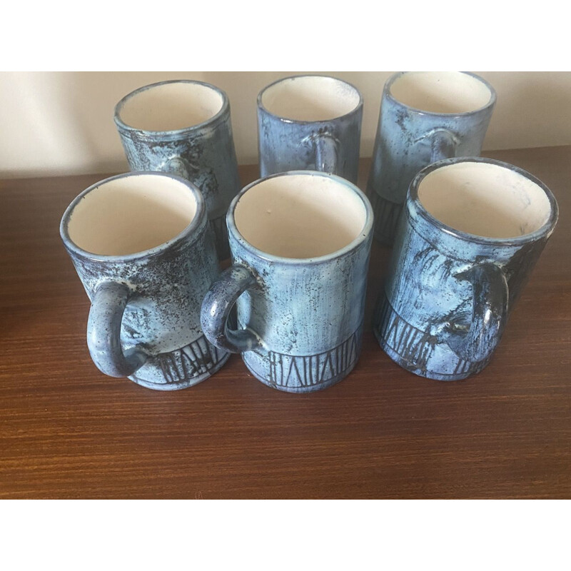 Set of 6 vintage mugs by Jacques Pouchain for Atelier Dieulefit, 1950