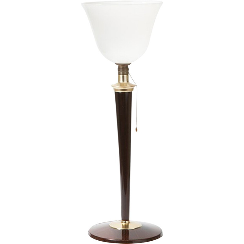 Lampe de table française Mazda en verre opaline et bois - 1930
