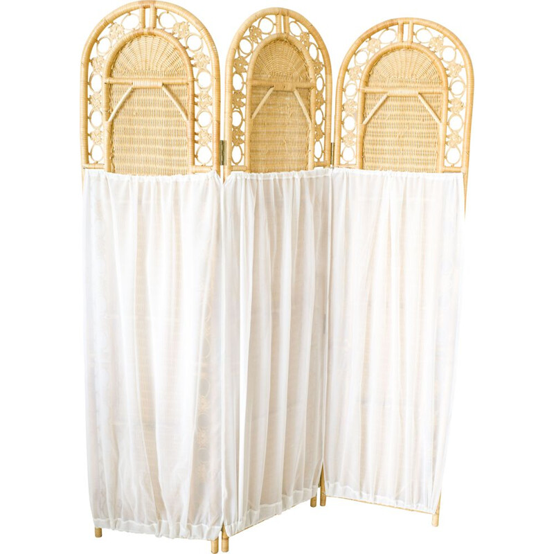 Biombo vintage de mimbre con cortinas de privacidad, 1970