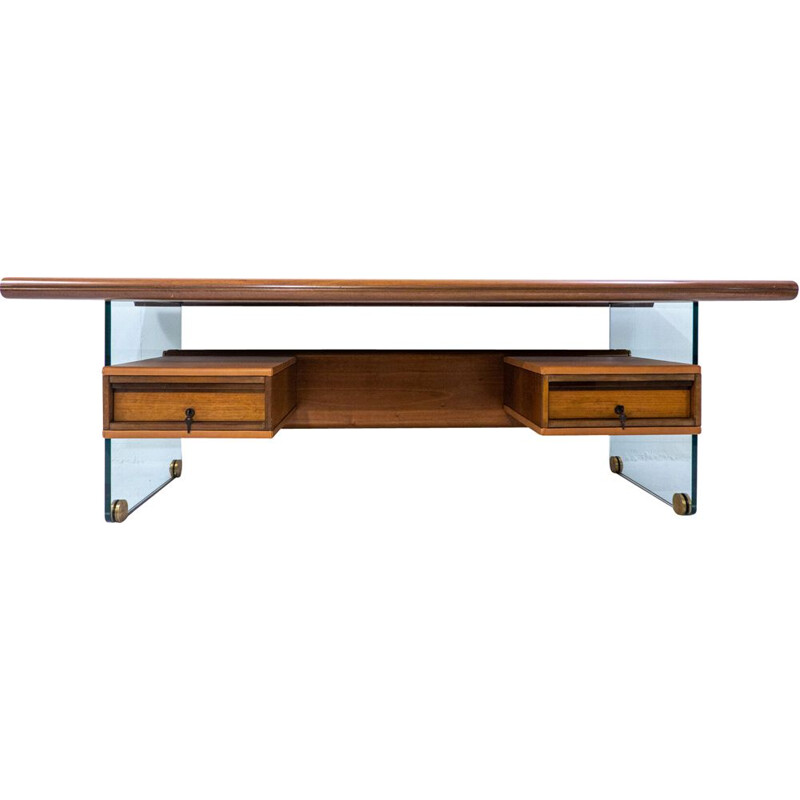 Mid-century desk in glass, wood, leather and bronze by Tosi, Italy 1968