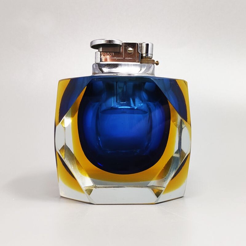 Vintage blue and yellow table lighter in Murano Sommerso glass by Flavio Poli for Seguso, Italy 1960s