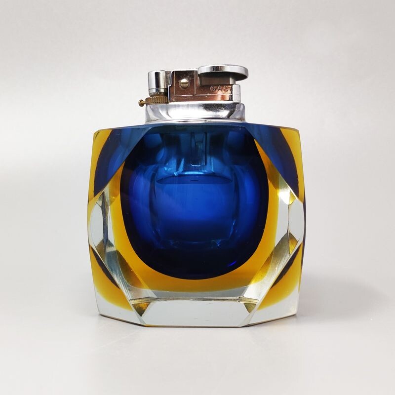 Vintage blue and yellow table lighter in Murano Sommerso glass by Flavio Poli for Seguso, Italy 1960s