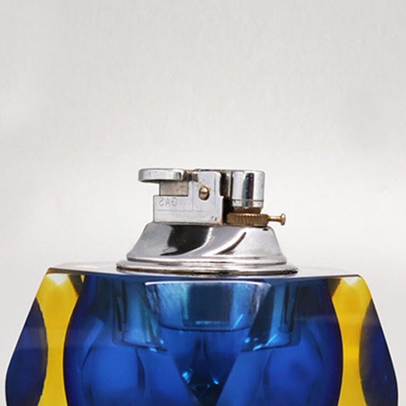 Briquet de table vintage bleu et jaune en verre Murano Sommerso par Flavio Poli pour Seguso, Italie 1960