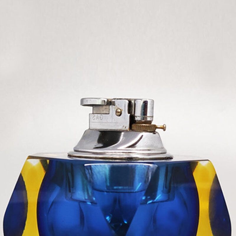 Vintage blue and yellow table lighter in Murano Sommerso glass by Flavio Poli for Seguso, Italy 1960s