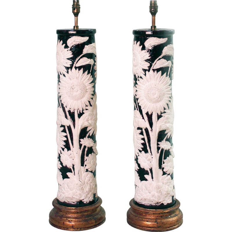 Pair of sunflower table lamps in ceramic - 1960s