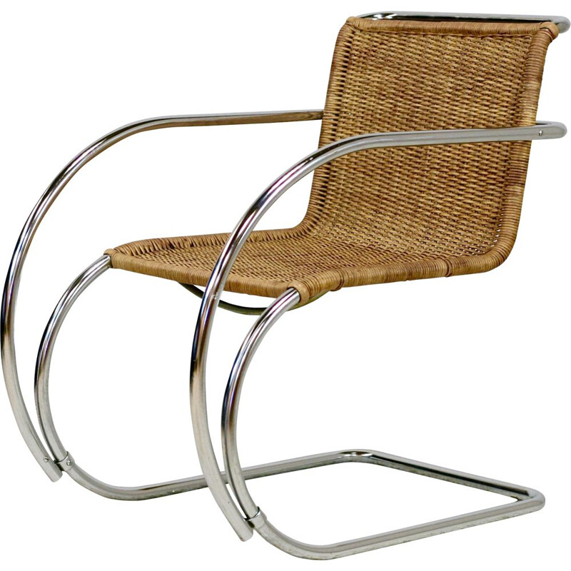 Cadeira de braços Vintage Mr20 em aço cromado tubular e rattan por Mies Van der Rohe, 1960