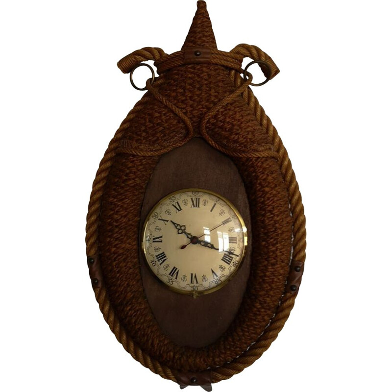Horloge pendule vintage en corde et cuir par Audoux Minet, 1950-1960