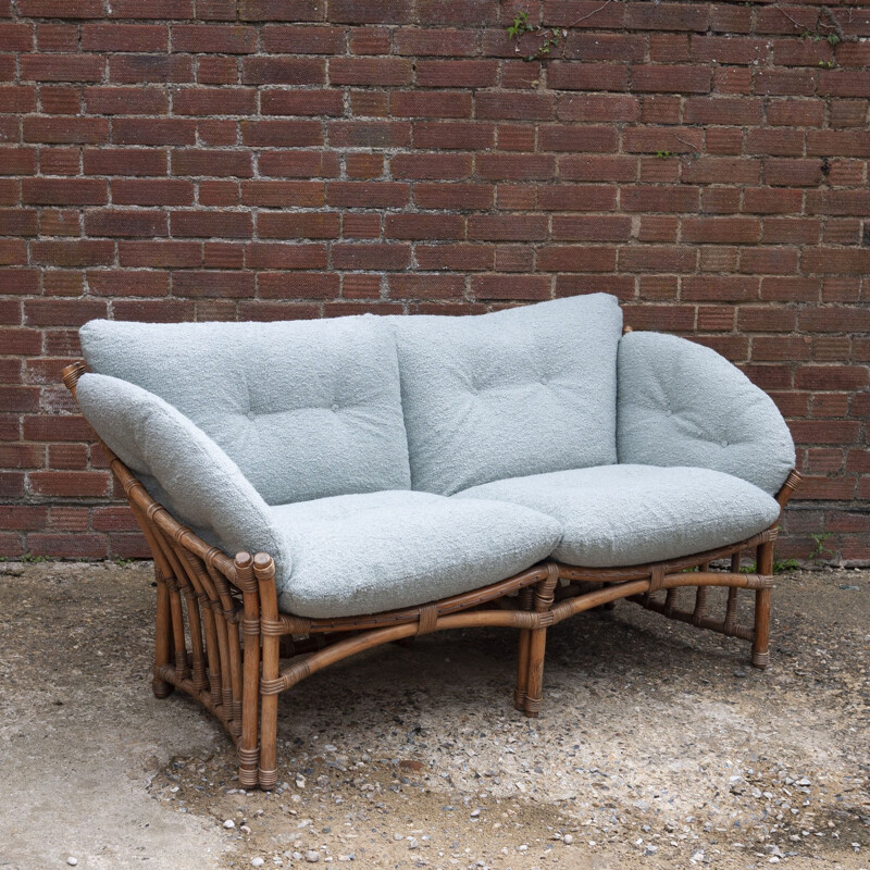 Vintage bamboo and rattan sofa with boucle upholstery, 1970s