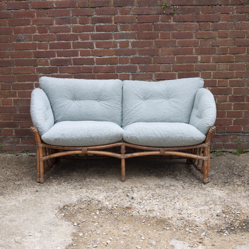 Vintage bamboo and rattan sofa with boucle upholstery, 1970s