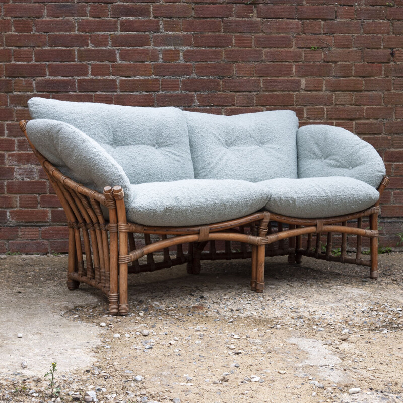 Vintage bamboo and rattan sofa with boucle upholstery, 1970s