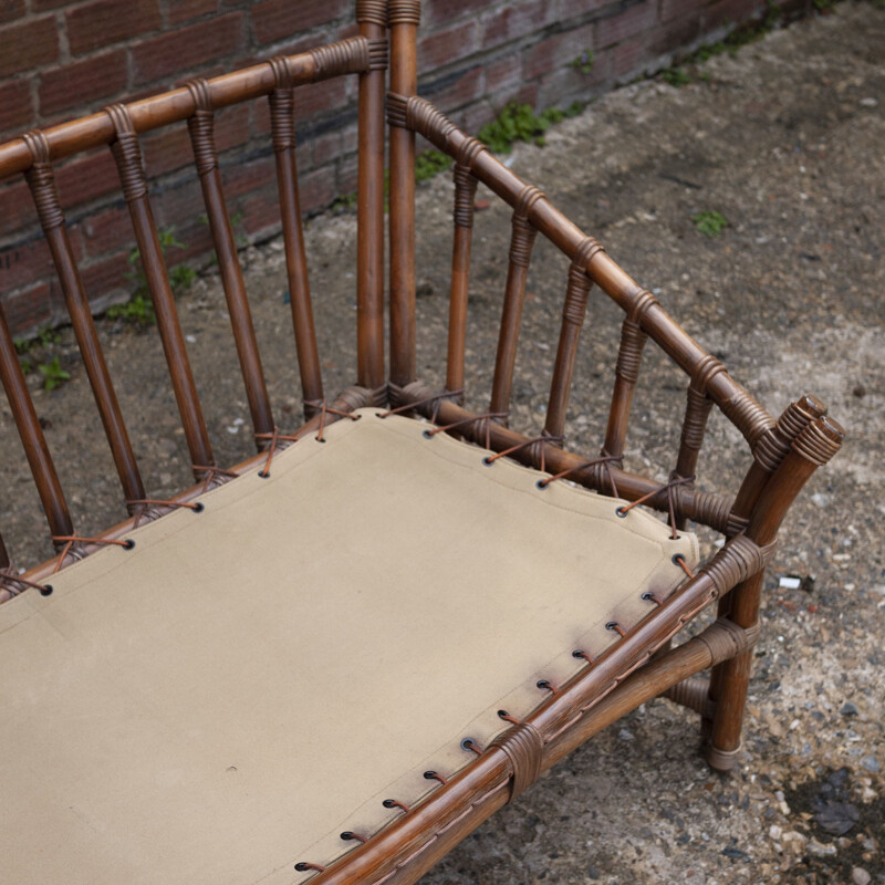 Vintage bamboo and rattan sofa with boucle upholstery, 1970s