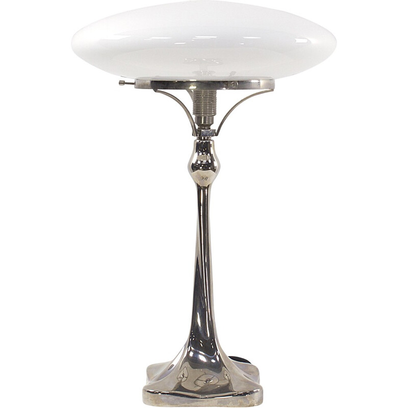 Mid century white glass table lamp in chromed metal - 1970s