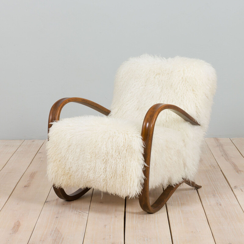 Vintage armchair model 269 in natural long hair sheepskin by Jindrich Halaba for Up Zavody, 1930s