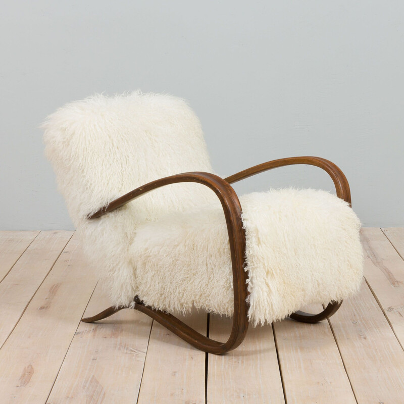 Vintage armchair model 269 in natural long hair sheepskin by Jindrich Halaba for Up Zavody, 1930s