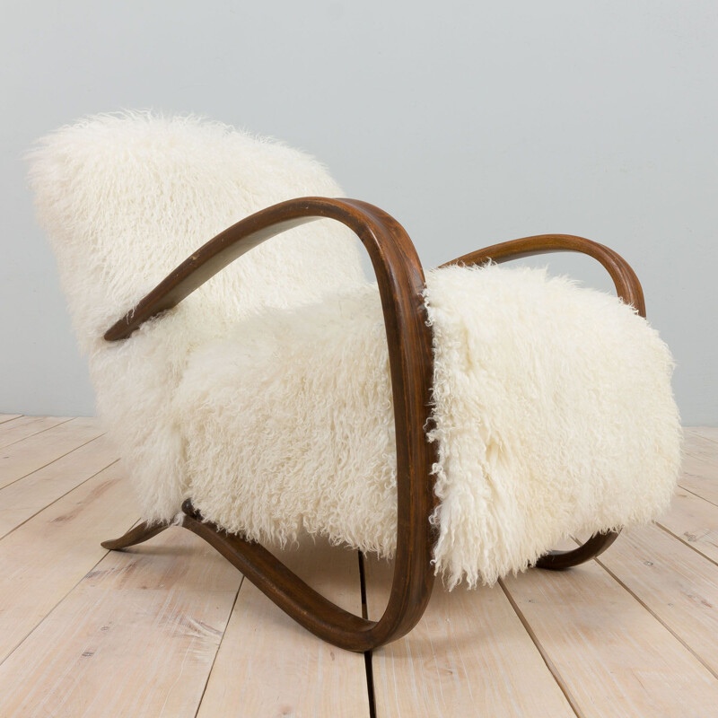 Vintage armchair model 269 in natural long hair sheepskin by Jindrich Halaba for Up Zavody, 1930s