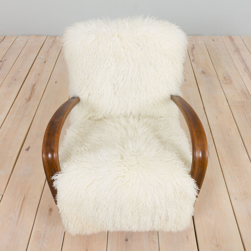 Vintage armchair model 269 in natural long hair sheepskin by Jindrich Halaba for Up Zavody, 1930s