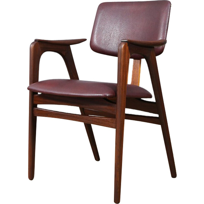 Chaise néerlandaise en teck contreplaqué et simili cuir bordeaux, Cees BRAAKMAN - 1960
