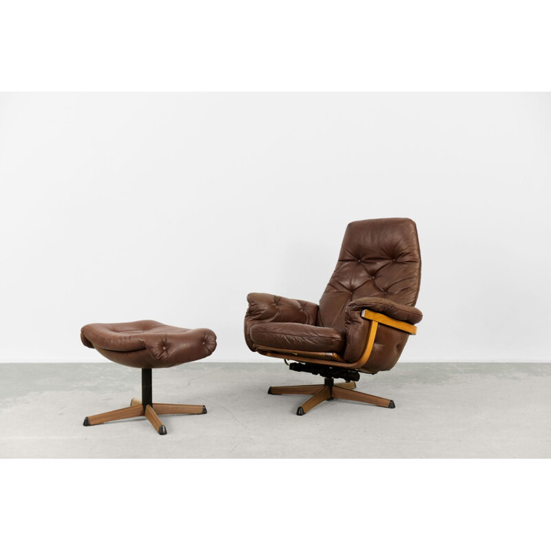 Vintage Scandinavian brown leather swivel armchairs & ottoman by Göte Möbler, 1960s