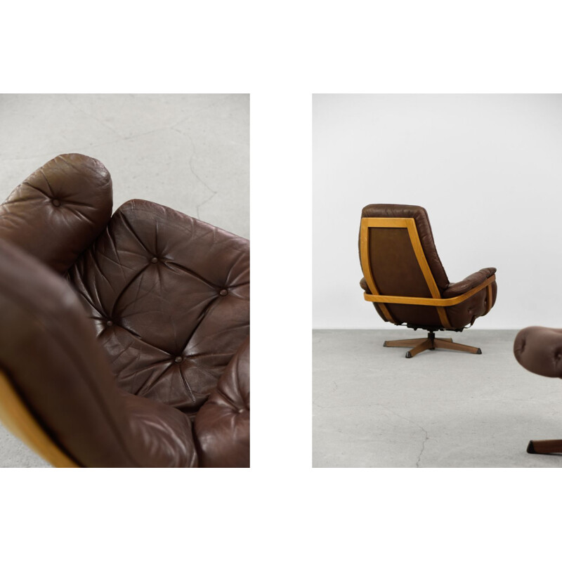 Vintage Scandinavian brown leather swivel armchairs & ottoman by Göte Möbler, 1960s