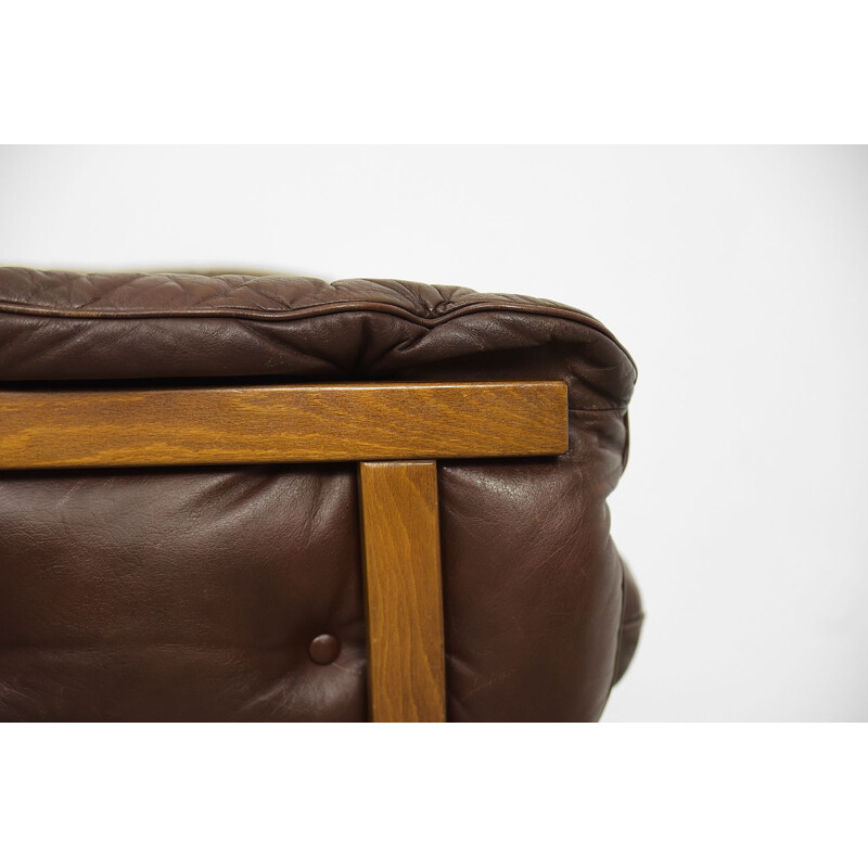 Vintage Scandinavian brown leather swivel armchairs & ottoman by Göte Möbler, 1960s