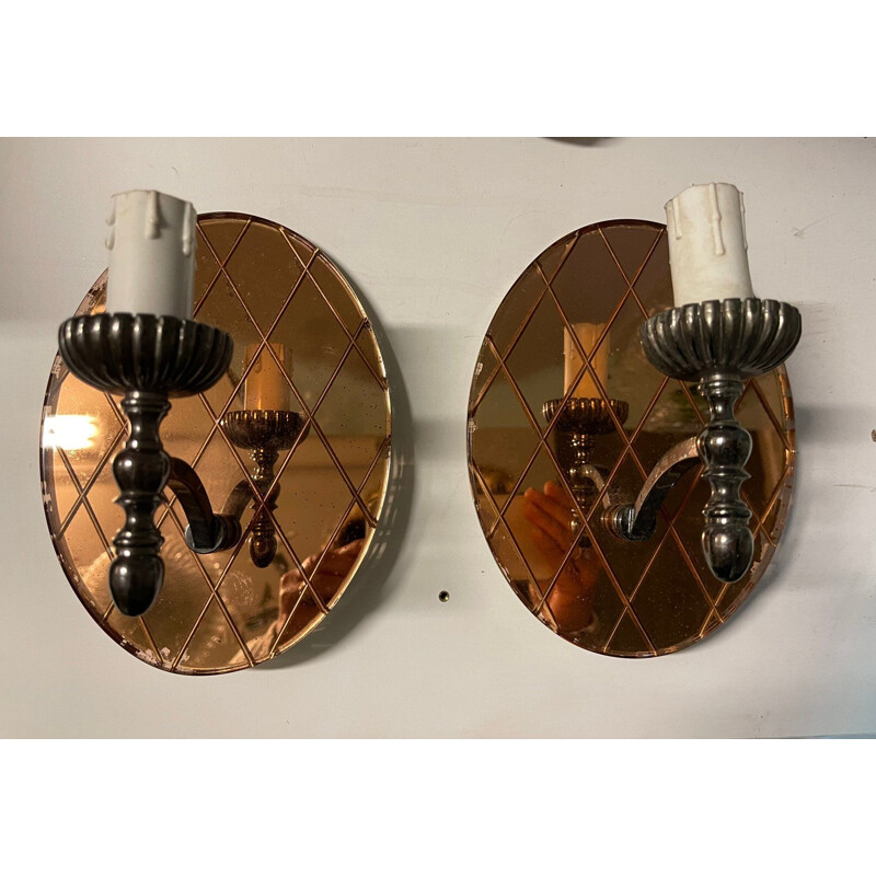 Pair of vintage Italian mirrored glass wall lamps