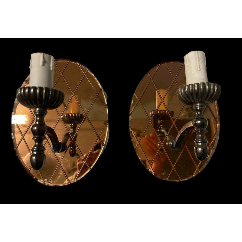 Pair of vintage Italian mirrored glass wall lamps