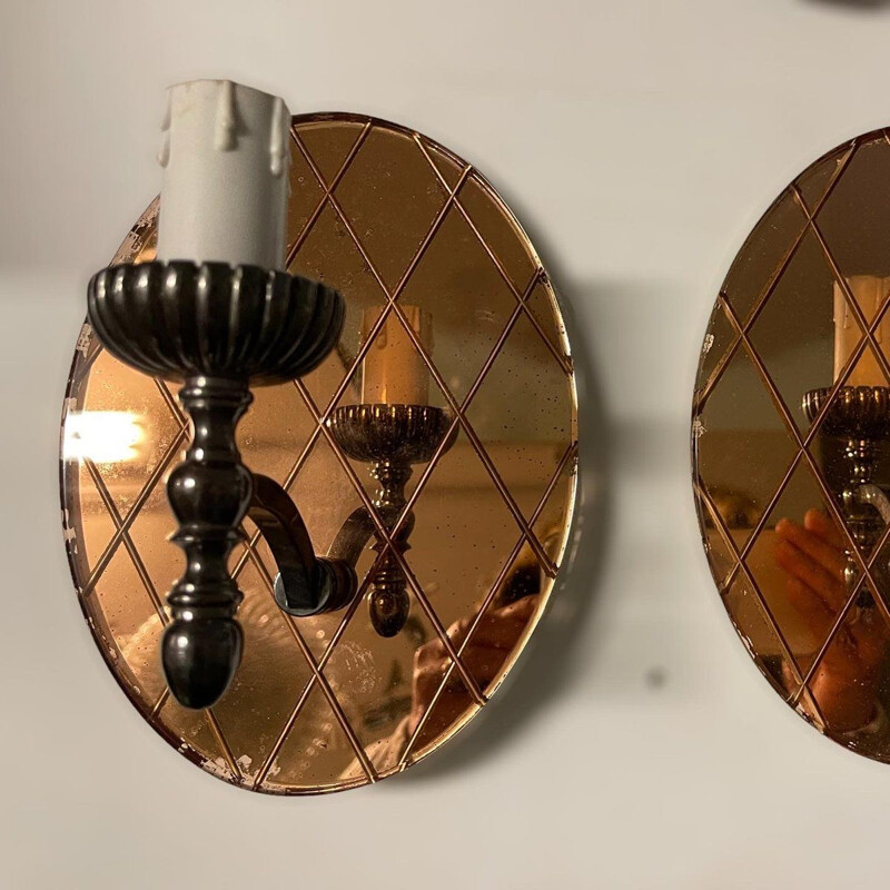 Paar vintage Italiaanse wandlampen in spiegelglas