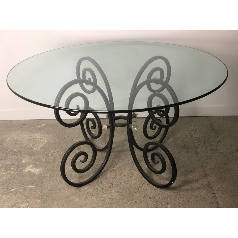 Vintage glass and wrought iron table, 1990