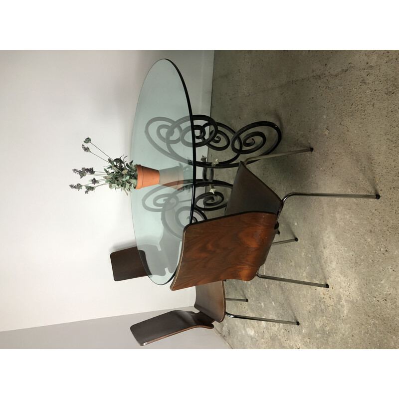 Vintage glass and wrought iron table, 1990