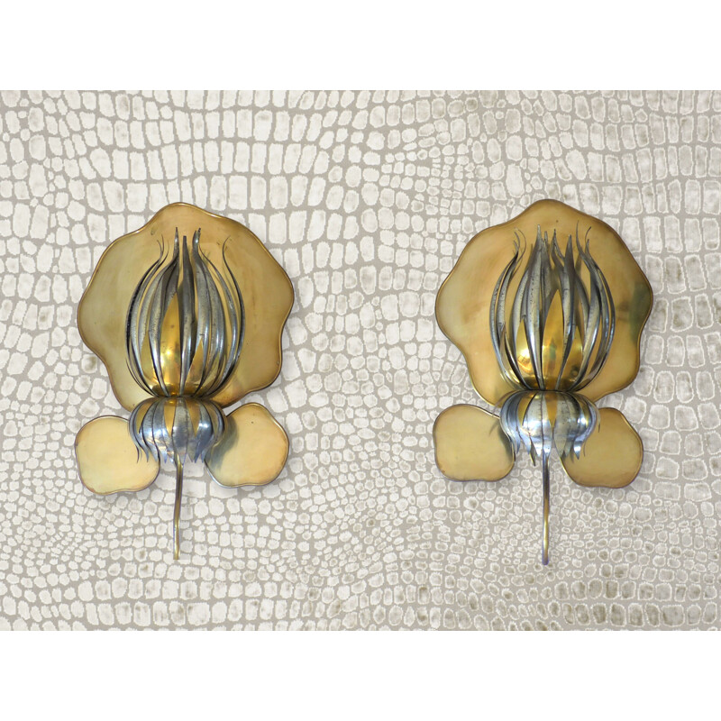 Paire d'appliques fleurs de Lotus vintage en métal