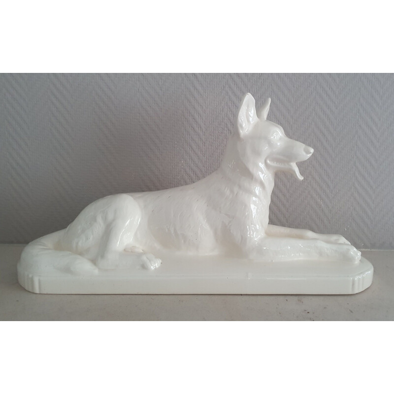 Vintage porcelain statue of a German shepherd by Sarreguemines, France 1920-1930s