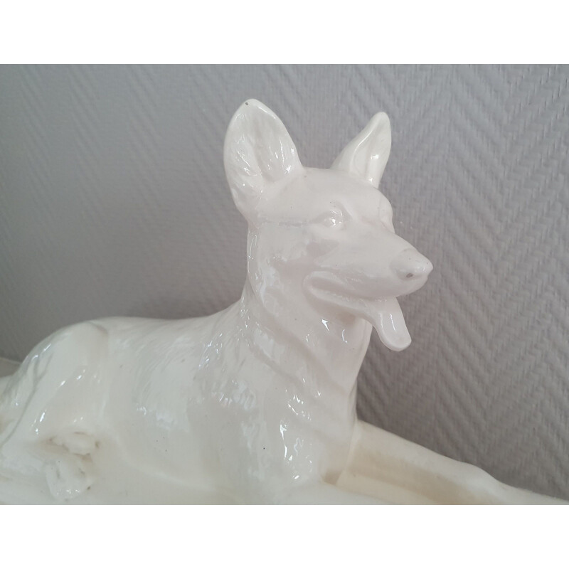 Vintage porcelain statue of a German shepherd by Sarreguemines, France 1920-1930s