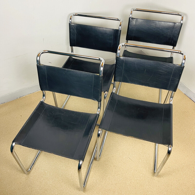 Set of 4 vintage cantilever dining chairs B33 in black leather by Marcel Breuer, Italy 1970s