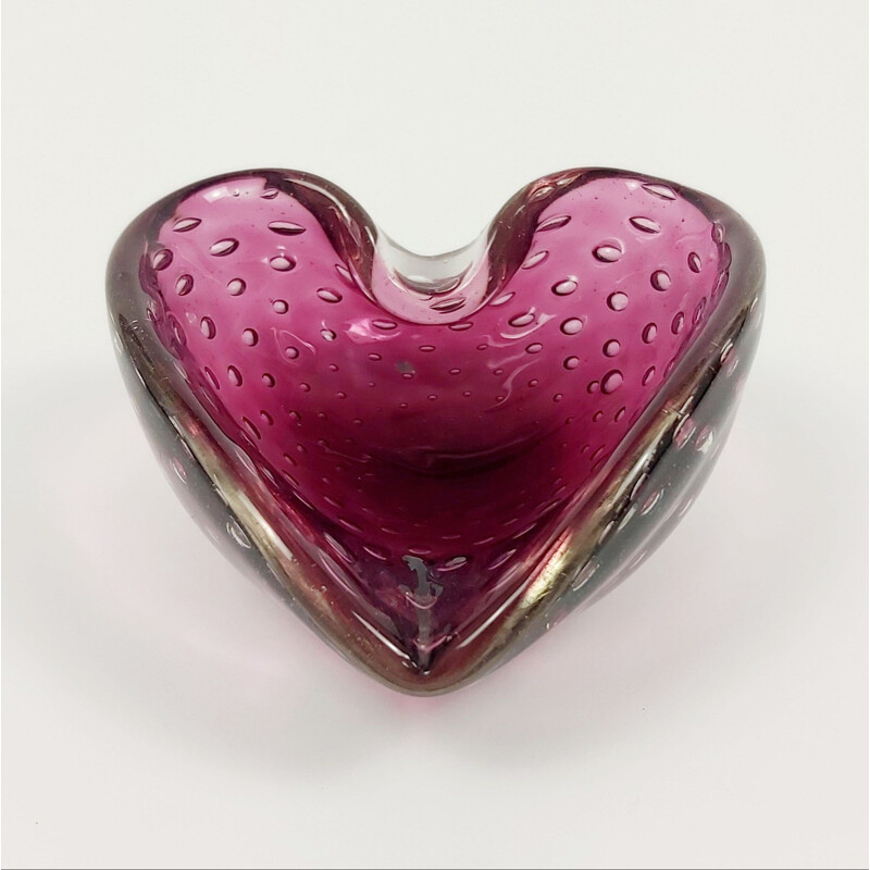 Vintage heart shaped Bullicante Murano glass ashtray, Italy 1960s