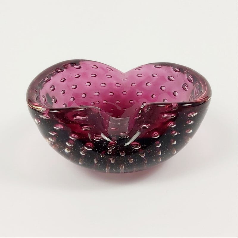 Vintage heart shaped Bullicante Murano glass ashtray, Italy 1960s